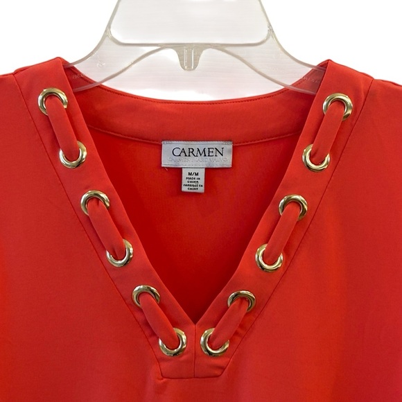 Carmen Marc Valvo Coral V-Neck Sleeveless Top with Gold Details Medium NEW - Picture 3 of 6